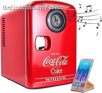 Coca-Cola branded portable mini fridge with speaker designed for cans and small items